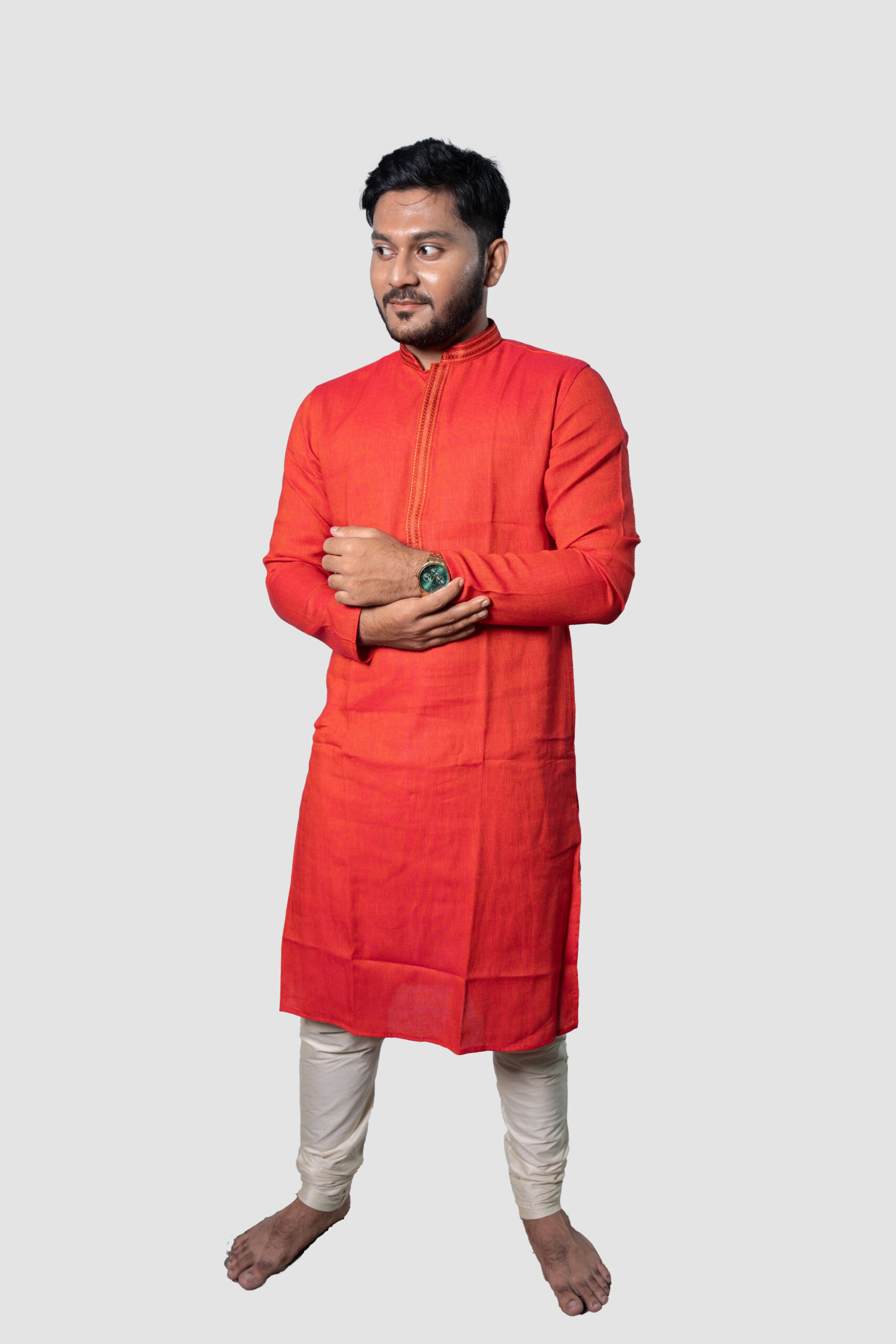 Red Cotton DK Work Men's Kurta Set