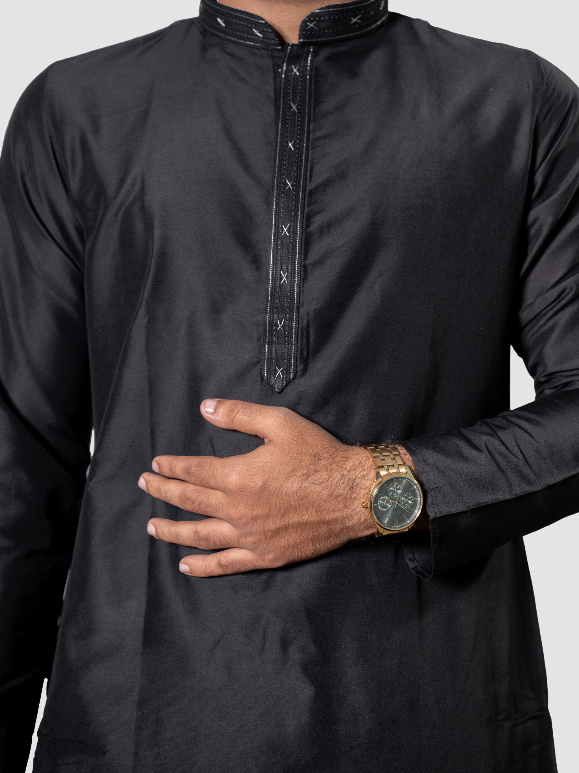 Black Rion Fabric DK Work Men's Kurta Set