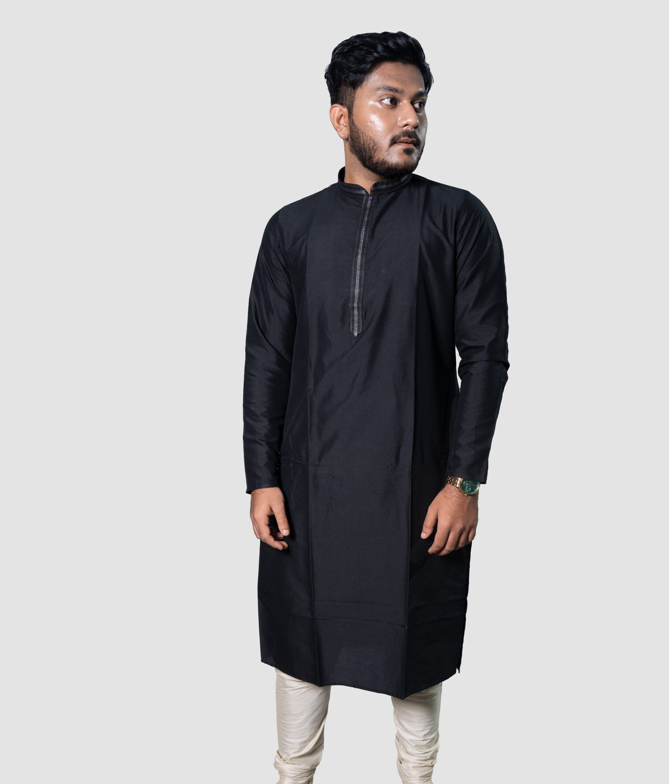 Black Rion Fabric DK Work Men's Kurta Set